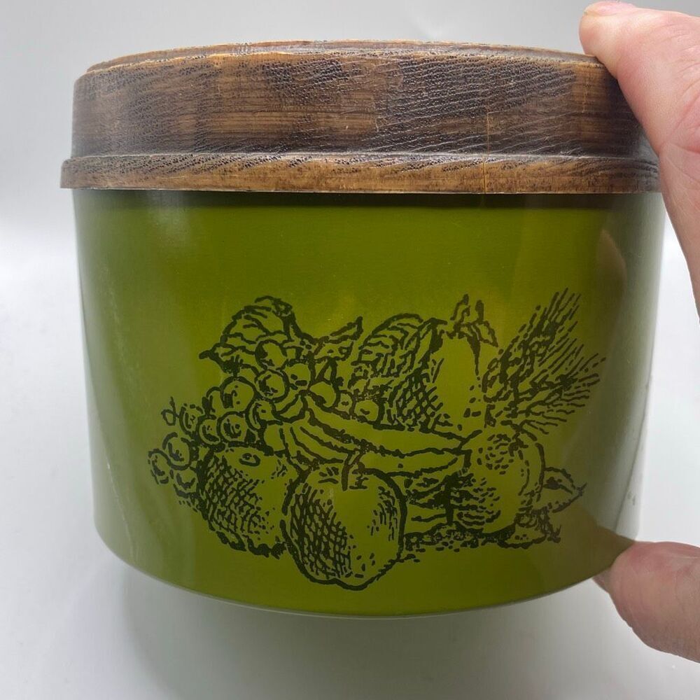 Vintage Cheinco Green Fruit Canister with Faux Wood Lid Mid Century Kitchen Deco